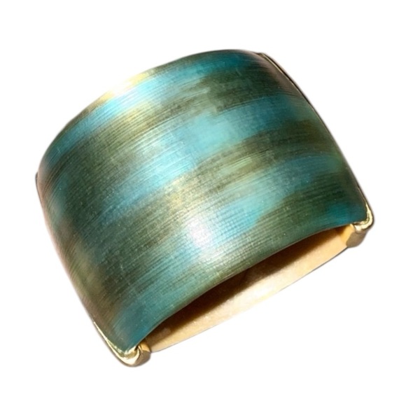 Alexis Bittar Teal Lucite and 14k Gold Plated Hinged Cuff Bracelet and Dustbag - Picture 4 of 14